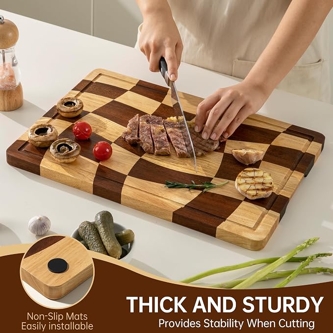 THETCHRY Cutting Boards for Kitchen, Checkered Cutting Board with Juice Grooves, End Grain Cutting Board for Meat and Vegetables, Large Butcher Block Serving Tray with Gift Box, 16.5" x 11.6" x 0.8"