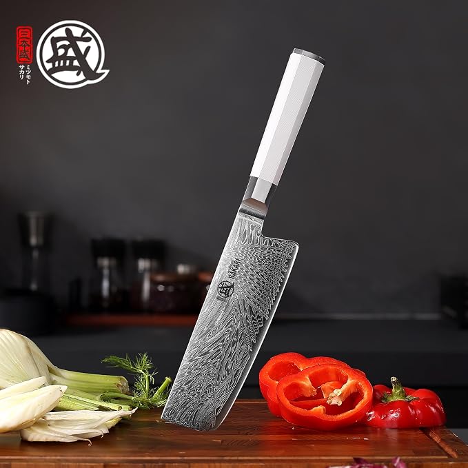 MITSUMOTO SAKARI 6.5-Inch VG-Pro Damascus Nakiri Knife, Hand Forged Professional Japanese Chef Knife, Ergonomic G10 Handle & Sandalwood Box