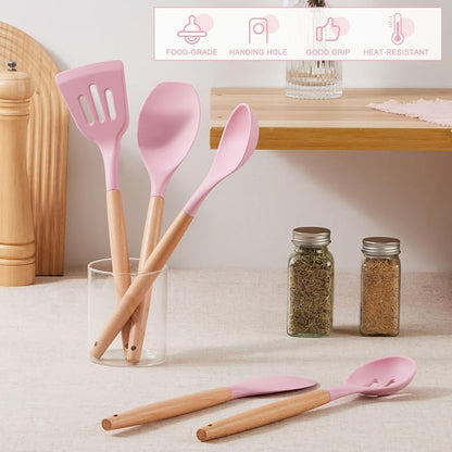 E-far Silicone Cooking Utensils Set, 5-Piece Kitchen Utensils Set with Wooden Handle for Cooking, Silicone Kitchen Nonstick Tools Spatula Turner Slotted Spoons, Nontoxic & Heat Resistant-Pink