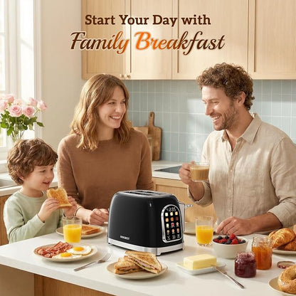 RONGBEST Retro 2 Slice Toaster with Stainless Steel Wide Slot Touch Screen for Family Breakfast, 6 Browning Levels, Reheat & Defrost Bagel and Bread, Removable Crumb Tray, Jet Black