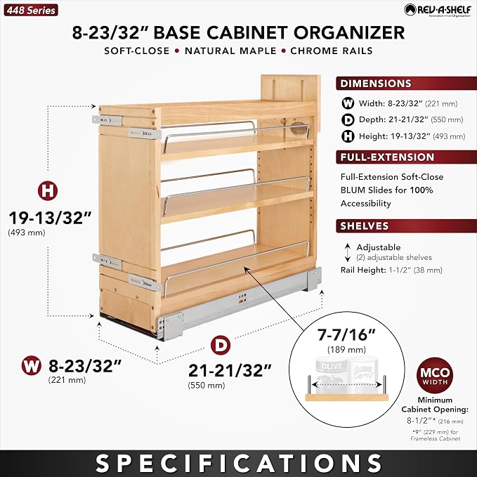 Rev-A-Shelf Maple Wood Door/Drawer Pullout Organizer w/Blum Soft-Close for Full-Height Base Cabinets, Full Extension Slides & Adjustable Shelves, Min Opening Width of 8.5", 448-BDDSC-8C