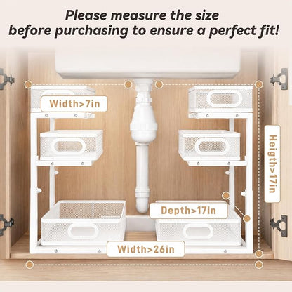 3-Tier Under Sink Organizer 2-Pack, Thickened Metal Pull out Cabinet Shelf, Height Adjustable Slide Out Drawer Storage Rack for Bathroom Kitchen Pantry Laundry Home Office Organization (White)