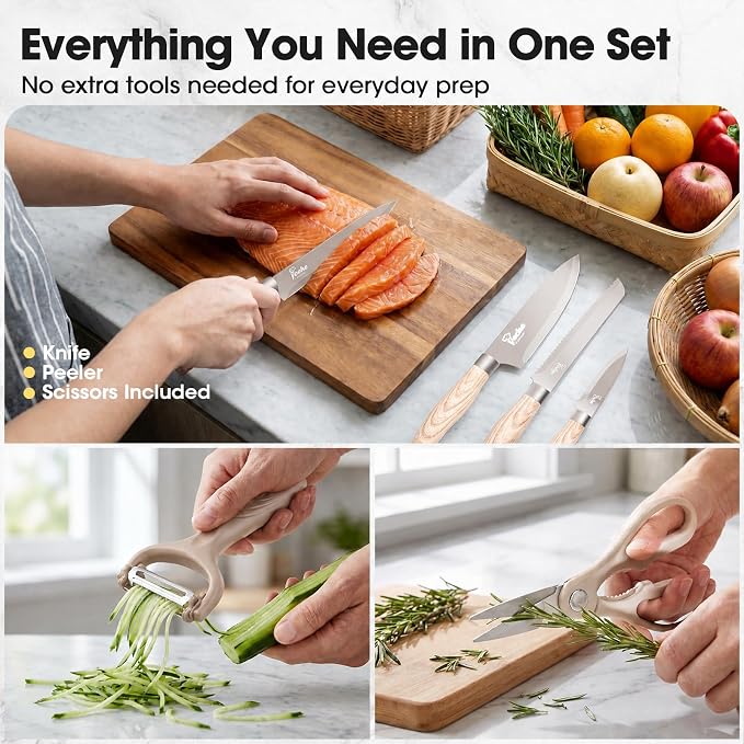 Knife Set, Kitchen Knife Set with Block, 7 Pcs Kitchen Knife Set with 3-in-1 Peeler, Knife Block Set Compact Stainless Steel Knives with Wood Grain Finish Handles, Space Saving Kitchen Essentials