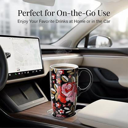 Topadorn 17oz Ceramic Travel Mug with Lid and Handle, Black Floral Coffee Cup, Embroidered Rose Style Mug, Microwave & Dishwasher Safe, Gift Box Included