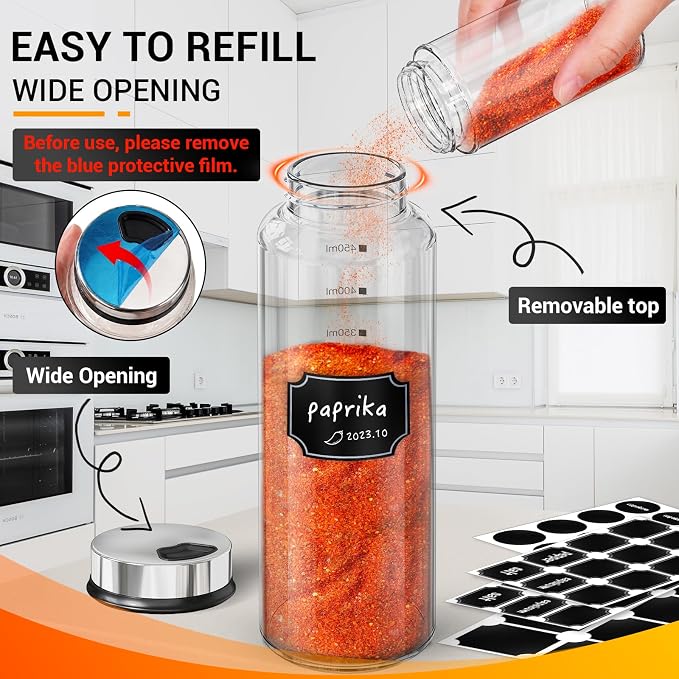 Segarty Glass Spice Jars, 6 Pack 15oz Large Spice Jar with Labels, Clear Empty Spice Containers with Shaker Lids, Salt Pepper Shakers Set Seasoning Bottles with 136 Stickers, 1 Chalk Pen and Brush
