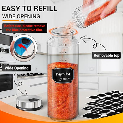 Segarty 15oz Spice Jar with Accessories, 1pc Empty Storage Container with Shaker Lid Adjustable Pour Holes Scale Lines for Pepper Sugar, Large Spices Container with 8 Blank Labels, 1 Brush 1 Chalk Pen