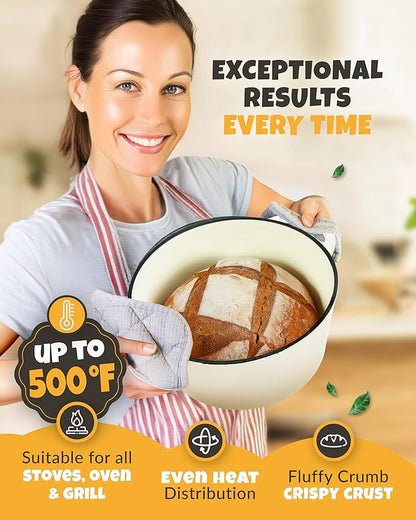 CRUSTLOVE Dutch Oven for Bread Baking - incl. Sourdough Bread-Baking Supplies like Banneton Bread-Proofing Basket - 5QT Enameled Cast Iron Bread-Oven with Lid, Baking Pan, Scoring Tool Lame