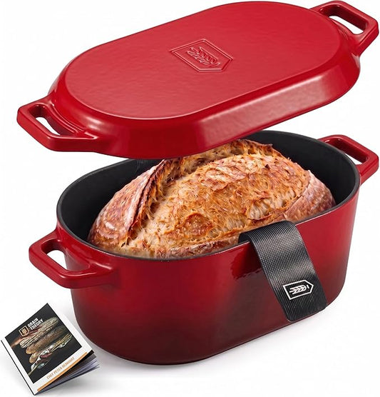 KooK Oval Loaf Shaped Cast Iron Dutch Oven for Bread Baking, 3.4 Qt Sourdough Dutch Oven with Lid, Enameled, Lid Lever, Dual Handles, Dishwasher Safe, 500°F, Cherry Ombre