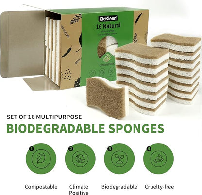 16 Pack Biodegradable Natural Kitchen Sponge - Compostable Cellulose and Coconut Walnut Scrubber Sponge - Eco Friendly Sustainable Sponges for Dishes