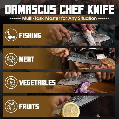 TAN REN Damascus Chef Knife 6 inch with Sheath, Razor Sharp Japanese Kiritsuke Knife, Full Tang Damascus Kitchen Knives with Wooden Handle, Kitchen Gift for Men and Women