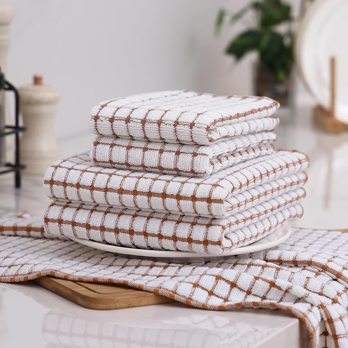 Homaxy Kitchen Towels and Dishcloths Set, 16 x 25 and 12 x 12 Inches, Set of 8 Cotton Terry Kitchen Dish Towels, Super Soft and Absorbent Dish Cloths, Brown
