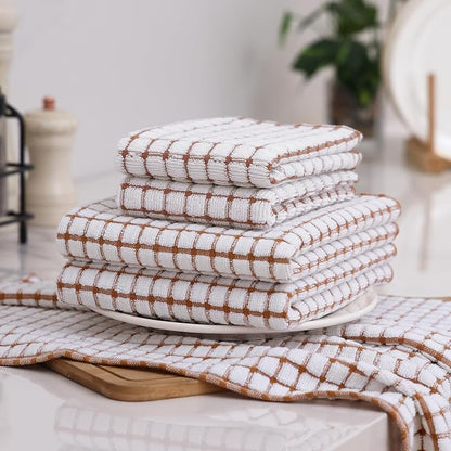 Homaxy Kitchen Towels and Dishcloths Set, 16 x 25 and 12 x 12 Inches, Set of 8 Cotton Terry Kitchen Dish Towels, Super Soft and Absorbent Dish Cloths, Brown
