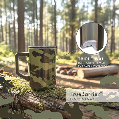 Elemental Insulated Coffee Mug - Triple-Wall Stainless Steel Summit Travel Cup for Hot and Cold Drinks - Thermal Coffee Mug with Lid and Handle for Camping, Office & Travel 16oz - Dark Green Camo