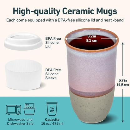 NOVA CERAMICS Coffee Travel Mug – Reusable To Go Mug – Microwave & Dishwasher Safe White & Purple Tumbler - Gifts For Women Men Him Her – 16oz – Horizon