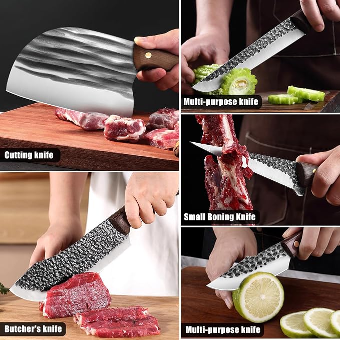 ZENG 8 Pieces Butcher Knife Set with Roll Bag, Chef Knife Set for Meat Cleaver Cutting & Viking Knives with Ergonomic Handles, Stainless Steel Hand Forged Kitchen Knife Set for Home, Cooking, Camping