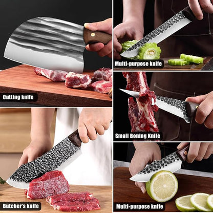 ZENG 8 Pieces Butcher Knife Set with Roll Bag, Chef Knife Set for Meat Cleaver Cutting & Viking Knives with Ergonomic Handles, Stainless Steel Hand Forged Kitchen Knife Set for Home, Cooking, Camping