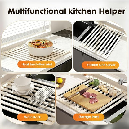 Foldable Over Sink Dish Drying Rack, Extra Wide & Thick Rust-Proof Aluminum Sink Cover for Counter Space, Collapsible Dish Drying Rack Fits Most Kitchen Sinks (White, 20.5“x13.6)