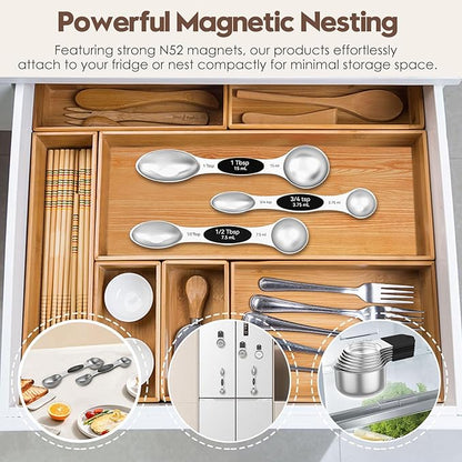 Magnetic Measuring Cups and Spoons Set – 304 Stainless Steel | Dual-sided Design | 15-Piece with Leveler | N52 Space-Saving Magnetic Nesting | Baking & Meal Prep | Kitchen Gift (Black)
