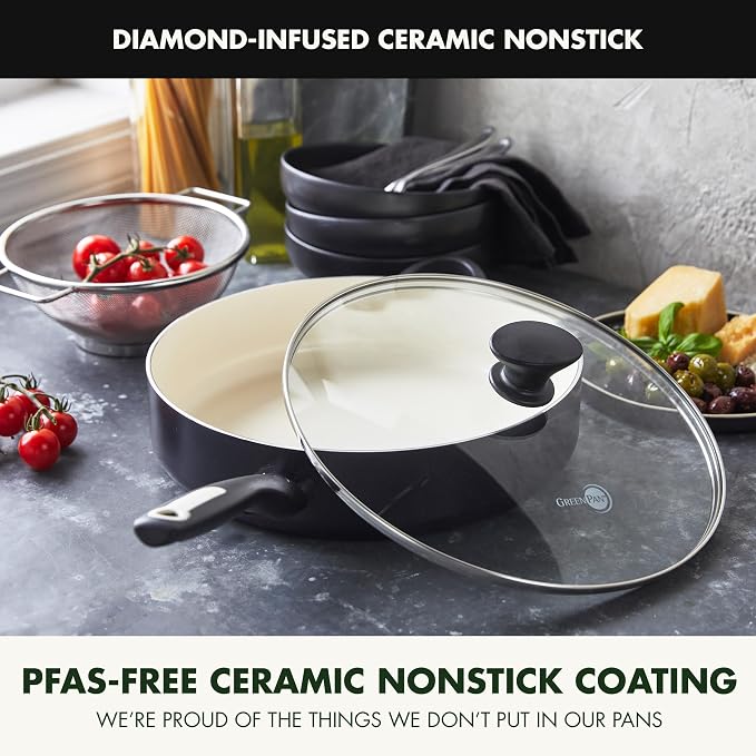 GreenPan Rio Healthy Ceramic Nonstick 5QT Saute Pan Jumbo Cooker with Helper Handle and Lid, PFAS-Free, Dishwasher Safe, Black