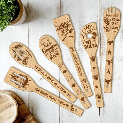 CUTHOLLOW 6PCS Barbecue Wooden Kitchen Cooking Utensil Set, 11.9in Non Toxic Bamboo Wood Spoon Set for Cooking, Best Housewarming Birthday Thanksgiving Christmas Gift for Women Mother