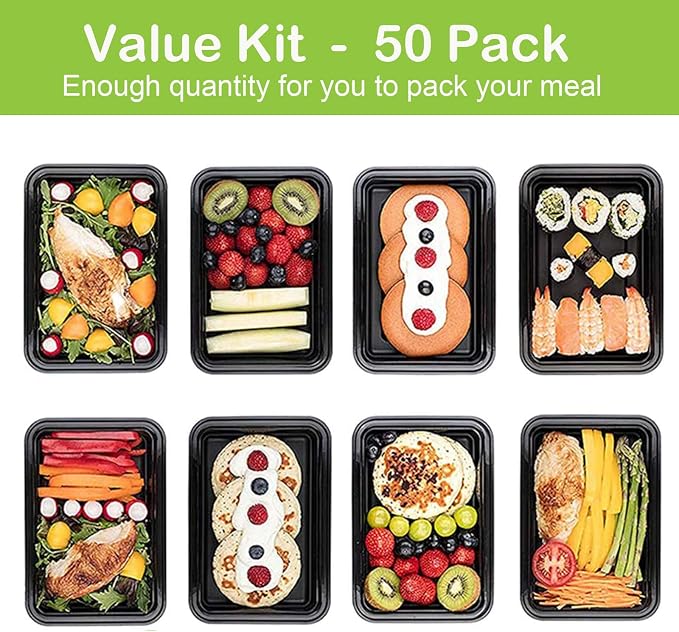 AIFUSI 50 Pack Meal Prep Container, Disposable Lunch Box, Food Storage Washable Containers with Lids, Reusable Plastic Bento Box Microwave/Dishwasher/Freezer Safe (750ML/ 26 OZ)
