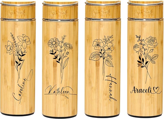 Personalized Bamboo Water Tumbler Custom Engraved Tea Tumbler with Infuser, 15oz Insulated Wooden Travel Mug, Gift for Women, Mom, Teacher (Birth Flower+Signature) (Style C)