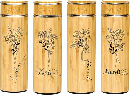 Bamboo Tumbler Customized Name Birth Month Flower Tea Infuser Bottle for Loose Tea Leaves Gift for Mom Personalized (Style D)