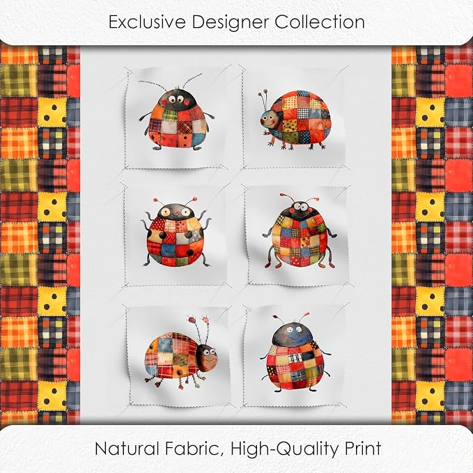 Patchwork Ladybug Cotton Fabric Panel – 6 Designs (10×10 inch Each) + Bonus Sheet 29.5×19.6 inch, 100% Cotton 140 GSM, Made in Türkiye