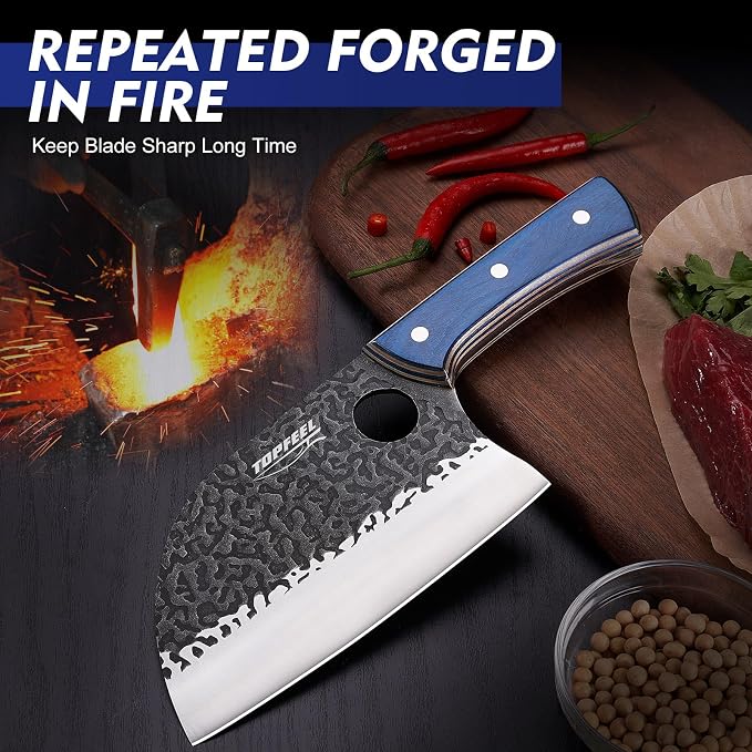 6.8Inch Serbian Chef Knife- Butcher Knife Meat Cleaver Set for Cooking, Chopping. Kitchen Knives with Leather Sheath for Home, Camping, BBQ