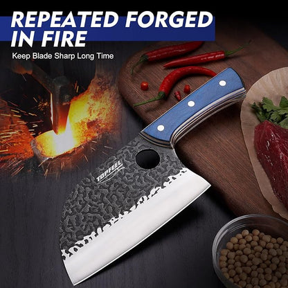 6.8Inch Serbian Chef Knife- Butcher Knife Meat Cleaver Set for Cooking, Chopping. Kitchen Knives with Leather Sheath for Home, Camping, BBQ