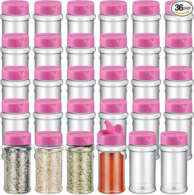 Jadive 36 Pcs 5.5 oz Plastic Spice Jars with Shaker Lids Clear Spice Bottles Plastic Seasoning Containers Empty Shaker for Kitchen Storing Herbs Seasoning Powders Pepper Dry Goods (Pink)