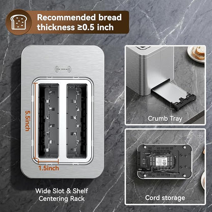 Mecity 2 Slice Smart Touchscreen Toaster, Stainless Steel Wide Slot Toasters with Auto Lift & 30-Minute Warm, Memory Function, Defrost & Auto Shutoff, Digital Electric Bread Toaster for Bagels