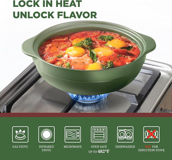 MINH LONG 2-Qt Porcelain Dutch Oven Pot with Lid – Non Toxic Clay Pot for Cooking on Gas & Infrared Cooktop, Lead & Cadmium Free, Oven Safe to 482°F, Heat Retention, Use to Marinate, Cook, Bake, Refrigerate & Serve