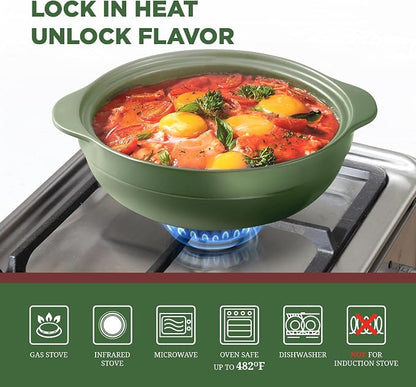 MINH LONG 2-Qt Porcelain Dutch Oven Pot with Lid – Non Toxic Clay Pot for Cooking on Gas & Infrared Cooktop, Lead & Cadmium Free, Oven Safe to 482°F, Heat Retention, Use to Marinate, Cook, Bake, Refrigerate & Serve