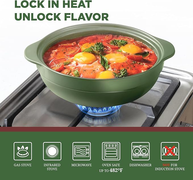MINH LONG 1-Qt Porcelain Dutch Oven with Lid – Lead & Cadmium Free, Oven Safe to 482°F, Heat Retention, Clay Pot for Cooking on Gas & Infrared Cooktop, Use to Marinate, Cook, Bake, Refrigerate & Serve