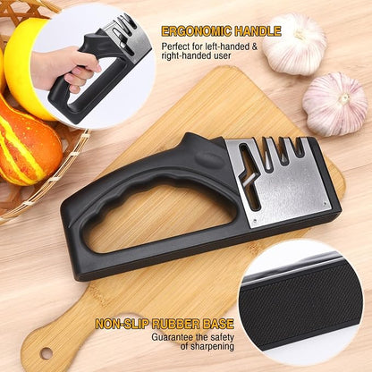 4-in-1Manual Knife Sharpener Suitable for kitchen knives, fruit knives, steel knives, scissors, and 3-level precision sharpening.Non slip base, suitable for home use (black) (2)