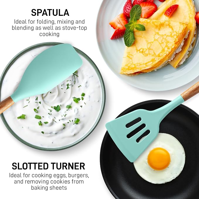 Zulay Kitchen Non-Stick Cooking Utensils Set with Authentic Acacia Wood Handles – 5-Piece Durable & Stylish Silicone Kitchen Utensils Set – Heat Resistant to 464°F – Aqua