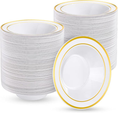 Goodluck 300 Pack Plastic Bowls with Gold Rim, 12oz Disposable Soup Bowls, Heavy Duty Dessert Bowls for Weddings, Parties, Dinners, Catering, Thanksgiving and Everyday Use