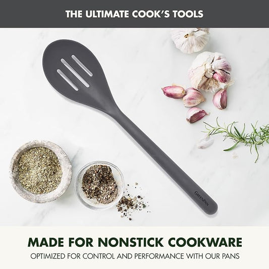 GreenPan Silicone Slotted Spoon, Cooking Kitchen Utensil, Mixing Stirring Serving, Flexible Rubber Nonstick Cookware, Rigid Steel Core Heat-Resistant, Anti-Slip Handle, BPA-Free, Dishwasher Safe, Gray
