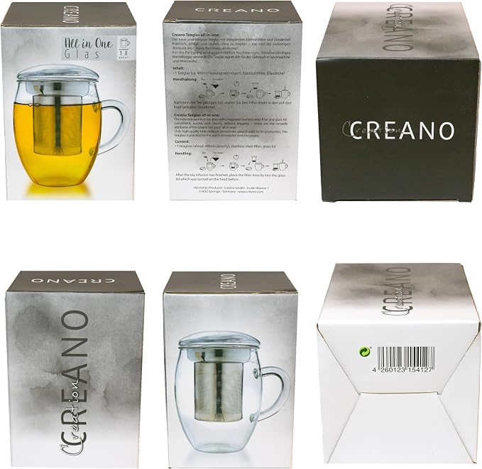 Creano Tea Glass with Stainless Steel Infuser and Glass Lid - 14oz (400ml)