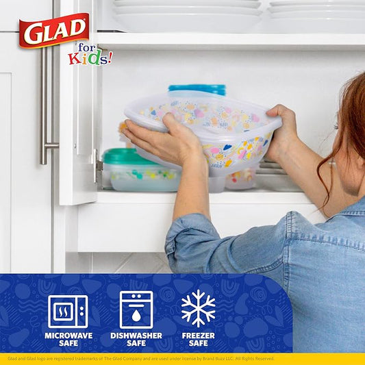Glad for Kids GladWare Back to School Food Storage Containers with Lids, BPA Free Plastic Variety Pack Rainbow Patterns for Kids Lunches and Snacks, Microwave Freezer Dishwasher Safe, 26 Piece Set