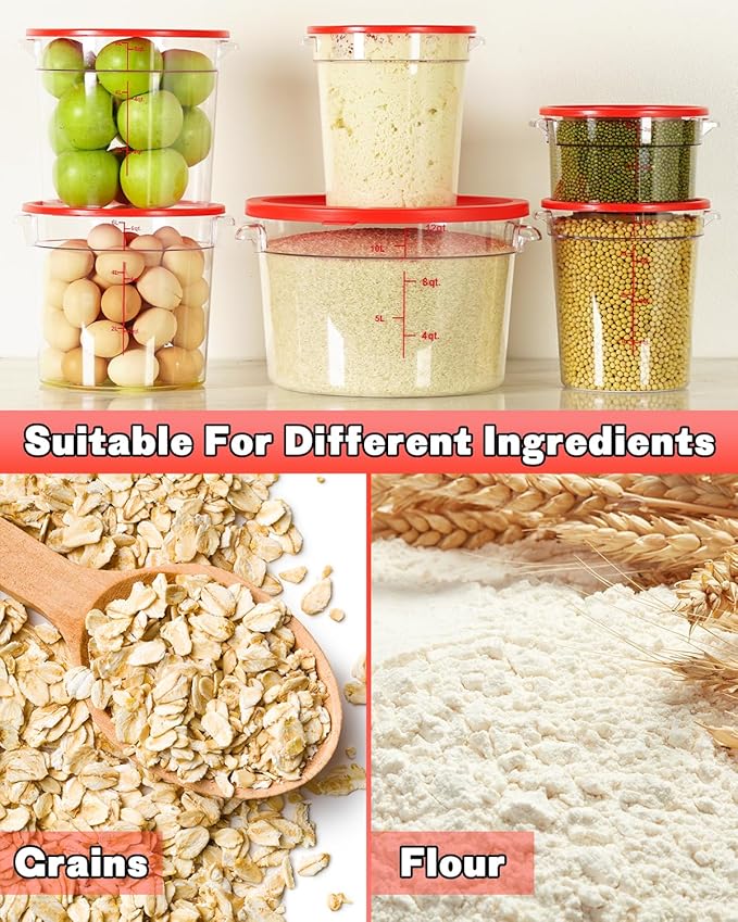2QT NSF Round Food Storage Containers with Lids: 4 PCS [Total Food Grade][Hot&Cold Resistant] Dough Proofing Container for Pizza, Bread with Measuring Spoons Included(BPA FREE) (RED)