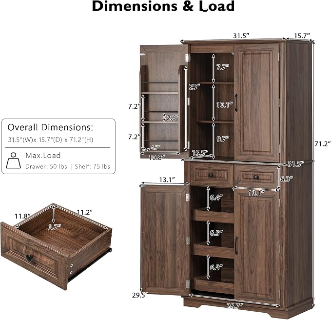 71.2" Tall Kitchen Pantry Cabinet with 3 Pull Out Cabinets Organizer, Farmhouse Embossed Texture Storage Cabinet with 6 Door Shelves, 2 Drawers, Brown Freestanding Cupboard for Kitchen, Dining Room