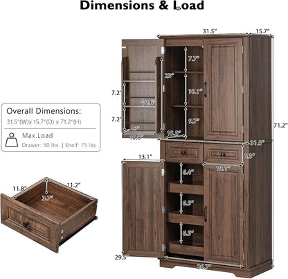 71.2" Tall Kitchen Pantry Cabinet with 3 Pull Out Cabinets Organizer, Farmhouse Embossed Texture Storage Cabinet with 6 Door Shelves, 2 Drawers, Brown Freestanding Cupboard for Kitchen, Dining Room