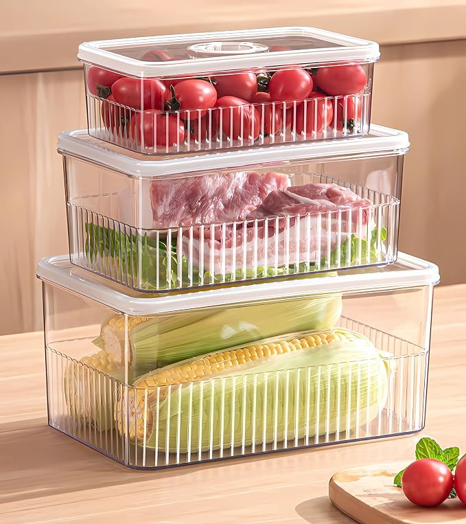 Fridge Food Fruit Storage Container Bin with lid, Refrigerator food vegetable Organizer Fresh Keeper Container with timer lid Fruit Vegetables storage bin For fridge (0.9L+1.8L+3.4L)