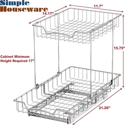 Simple Houseware 2-Tier (L+L) Organizer Pull Out Under Cabinet Sliding Shelf, Chrome
