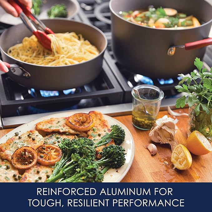 Rachael Ray Cucina Dishwasher-Safe Hard-Anodized Pots and Pans Set Non Stick Cookware, 12-Piece, Gray with Red Handles