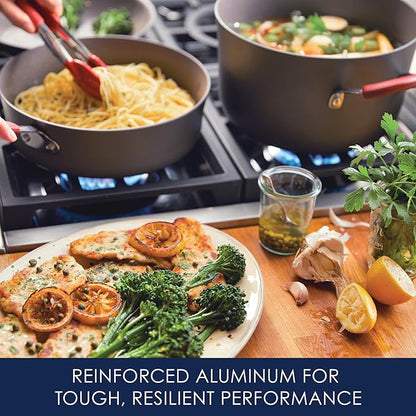 Rachael Ray Cucina Dishwasher-Safe Hard-Anodized Pots and Pans Set Non Stick Cookware, 12-Piece, Gray with Red Handles