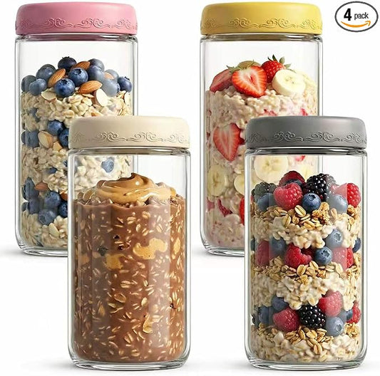 24oz 4Pack Glass Overnight Oats Jars Containers with Airtight Leakproof Lids, Reusable Mason Jars for Meal Prep, Yogurt Parfaits, Smoothies, Salads & Healthy Breakfasts (24 OZ-4-2)