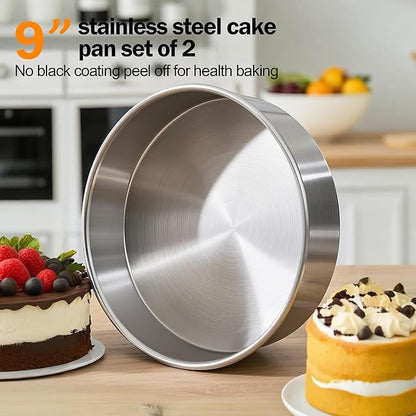 9 Inch Cake Pans Set of 2 with 100 Pieces Parchment Paper, Stainless Steel Round Cake Pans Baking Pan For Layered Cakes, No Coating Smash Cake Pans Mirror Finish Dishwasher Safe Cake Mold